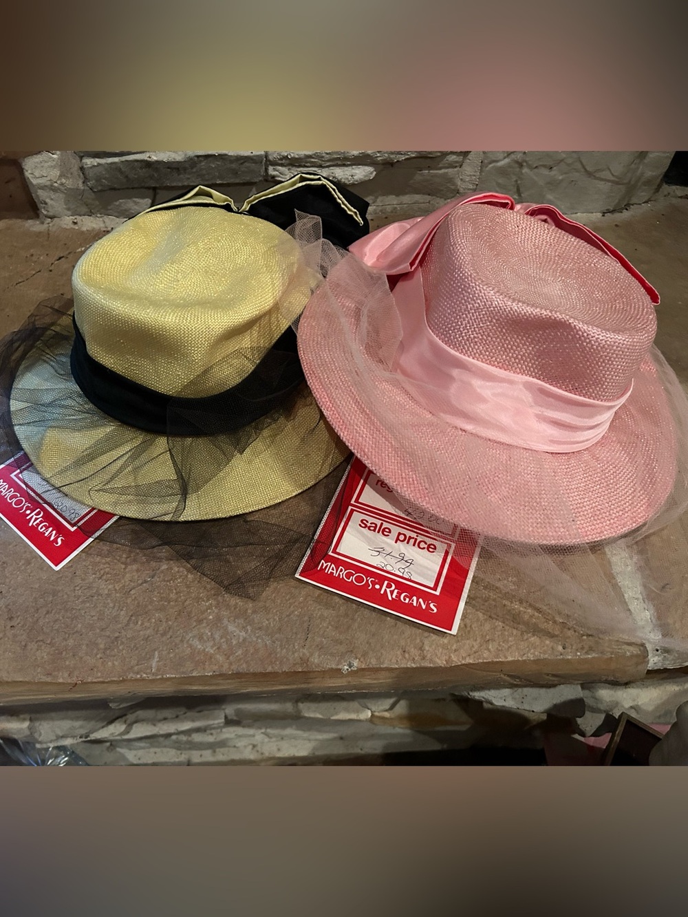 Women's Pink and Yellow straw hats with ribbon/netting  by Ruth Alan Designs